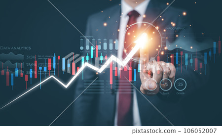 Businessman touchscreen line of Stock market or forex trading graph and candlestick chart suitable for financial investment concept,Economy trends background for business idea and all art work design. 106052007