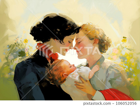 Two women in love, tenderly cuddling a baby, on a summer afternoon among wildflowers. Perfect for celebrating the birth of a child in an LGBTQ+ family or Mother's Day. Two women in love, tenderly cuddling a baby, on a summer afternoon among wildflowers. Perfect for celebrating the birth of a child in an LGBTQ+ family or Mother's Day. 106052056