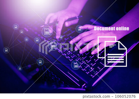 Business people working on laptop with virtual screen. Online documentation database, IT consultant being set up Virtual Document Management System with laptop,Software for archiving corporate files. 106052076