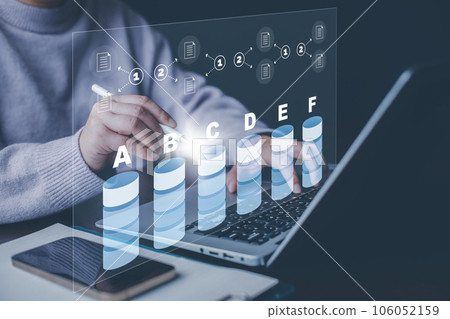Working on laptops with Planning analysis and Project management online, Business people working laptops with the Project manager, software development or project management, boards on screen. Process 106052159