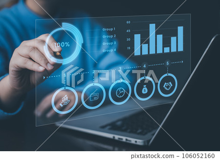 Working on laptops with Planning analysis and Project management online, Business people working laptops with the Project manager, software development or project management, boards on screen. Process 106052160