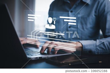 Laptop with Insurance form agreements concept, Businessman signs insurance contracts  e-signing digital online, document management, concerning mortgage loan offer for and house insurance 106052166