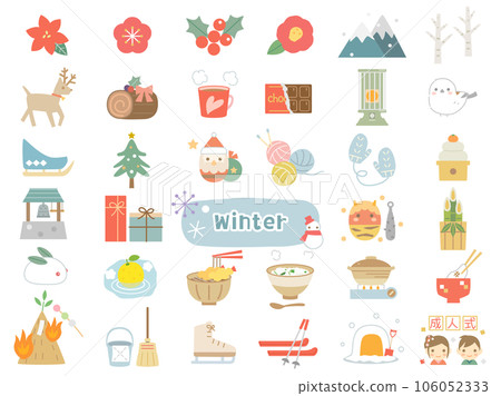 A set of illustrations that image winter events such as Santa and kadomatsu 106052333