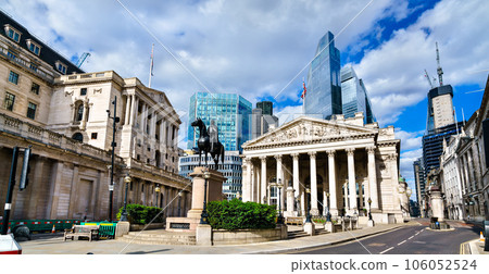 City of London with Royal Exchange and Wellington Statue at Bank Junction - England, UK 106052524