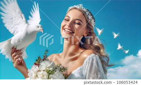 A bride doing a pigeon release at a wedding ceremony (Generative AI) 106053424
