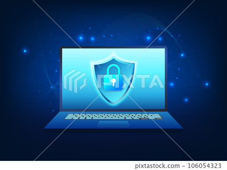 Computer technology The screen is a shield and a lock, and the background is a striped element, a computer concept with technology that prevents viruses from destroying data and preventing data theft. Computer technology The screen is a shield and a lock, and the background is a striped element, a computer concept with technology that prevents viruses from destroying data and preventing data theft. 106054323