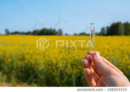 Hand holding test tube with liquid on background of canola flowers field blooming farm. Rapeseed oil over natural background. Farmer soil sample in tube chemical analysis ph test. Agrochemical Hand holding test tube with liquid on background of canola flowers field blooming farm. Rapeseed oil over natural background. Farmer soil sample in tube chemical analysis ph test. Agrochemical 106054514