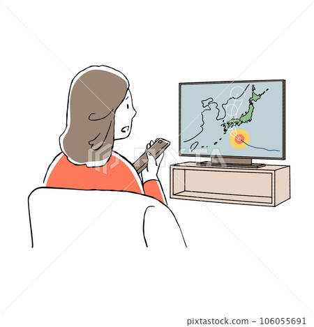 一位女士在客廳電視上查看颱風信息的插圖 一位女士在客廳電視上查看颱風信息的插圖 106055691