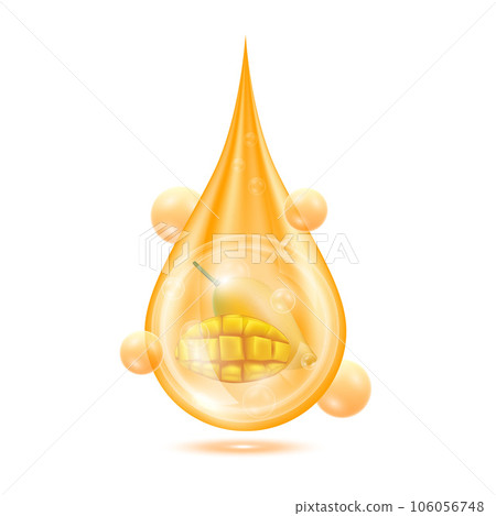 Mango inside water droplets orange isolated on white background. Drop vitamins and collagen organic anti aging serum. Fruit acid product.  106056748