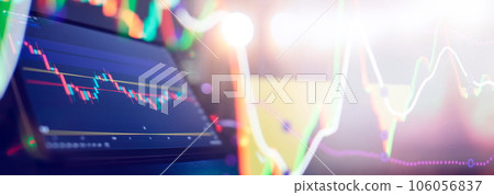 Technical price graph and indicator, red and green candlestick chart on blue theme screen, market volatility, up and down trend. 106056837