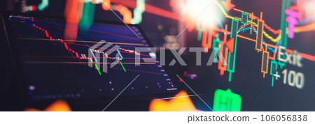 Technical price graph and indicator, red and green candlestick chart on blue theme screen, market volatility, up and down trend. Technical price graph and indicator, red and green candlestick chart on blue theme screen, market volatility, up and down trend. 106056838