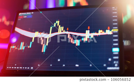 Technical price graph and indicator, red and green candlestick chart on blue theme screen, market volatility Technical price graph and indicator, red and green candlestick chart on blue theme screen, market volatility 106056852