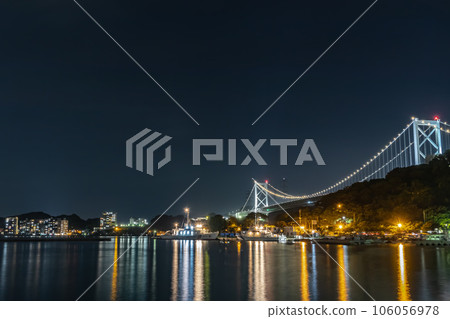 Kanmon Bridge illuminated from Mojiko, Kitakyushu City, Fukuoka Prefecture 106056978