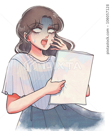 70s retro style illustration of a wife who is shocked when she sees a blank magazine 70s retro style illustration of a wife who is shocked when she sees a blank magazine 106057128