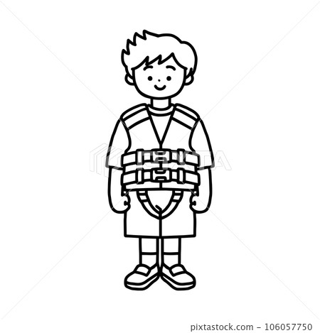 A boy wearing a life jacket, line drawing 106057750
