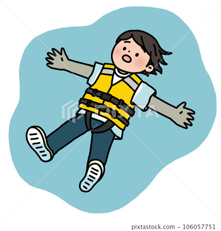 A boy wearing a life jacket and floating on the surface of the water 106057751