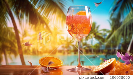 glass of refreshing aperol spritz cocktail with background of a summer tropical resort 106058000