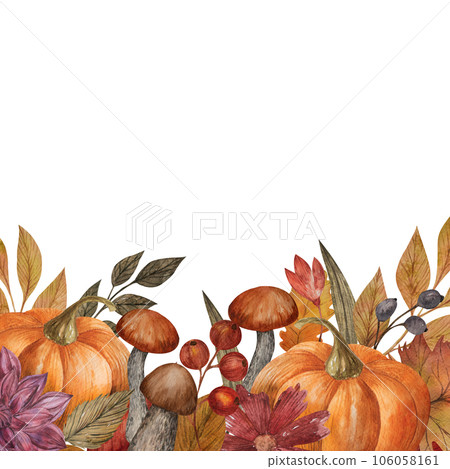 Watercolor autumn border with pumpkin, flowers,leaves berries and mushroom.Hand painted rustic isolated floral illustration with space for text for design, print, fabric, background, promotioms 106058161