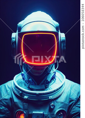 Portrait of an fictional astronaut in neon light in a spacesuit. High-tech astronaut from the future. The concept of space travel. 3D rendering Portrait of an fictional astronaut in neon light in a spacesuit. High-tech astronaut from the future. The concept of space travel. 3D rendering 106058344