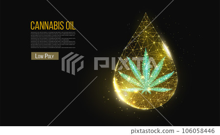 Cannabis oil concept. Low poly hemp and oil drop on black background. Marijuana leaf wireframe light connection structure, 3d polygonal graphic. Cannabis oil concept. Low poly hemp and oil drop on black background. Marijuana leaf wireframe light connection structure, 3d polygonal graphic. 106058446