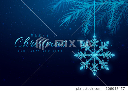 Wireframe snowflake and Christmas tree branches, low poly style. New Year banner. Abstract modern vector illustration on blue background 106058457