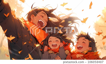 Autumn and family illustration, parent and child enjoying autumn leaves AI-generated image 106058487