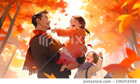Autumn leaves and family illustration, parent and child enjoying autumn AI-generated image 106058488