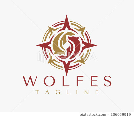 Luxury wolf compass circle logo design. Elegance navigation wolf logo branding. 106059919