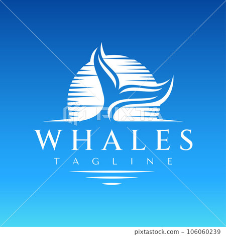 Luxury illustrative whale fin on sunset logo design. Elegance line art orca logo. Luxury illustrative whale fin on sunset logo design. Elegance line art orca logo. 106060239