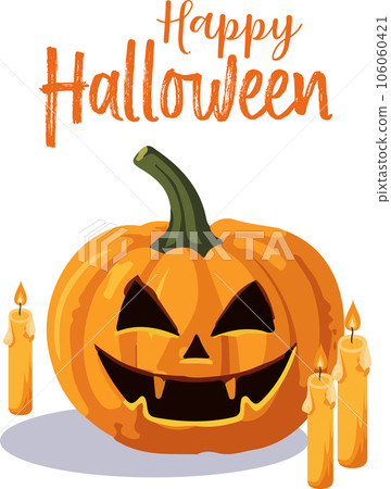 Happy halloween text orange pumpkin Jack lantern with candles isolated on white background Happy halloween text orange pumpkin Jack lantern with candles isolated on white background 106060421
