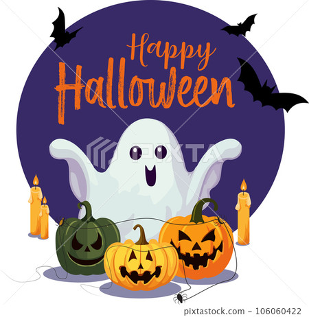 Happy halloween illustration with cute ghost and three jack lanterns on purple background Happy halloween illustration with cute ghost and three jack lanterns on purple background 106060422