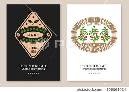 Set of gardening and yard work services poster, banner. Vector illustration. Poster design with tomato bush in pot, potted tomato seedlings and gardening equipment silhouette. 106061084