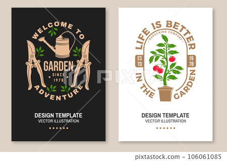 Set of gardening and yard work services poster, banner. Vector illustration. Poster design with hand secateurs, garden pruner, watering can, potted tomato seedlings and gardening equipment silhouette. 106061085
