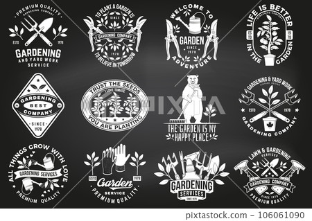 Set of gardening and yard work services emblem, label, badge, logo on chalkboard. Vector. For sign, patch, shirt design with hand secateurs, garden pruner, watering can, bear with rake and gardening 106061090