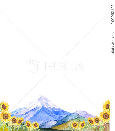 Summer watercolor landscape illustration of sunflower field and beautiful Mount Fuji 106062162