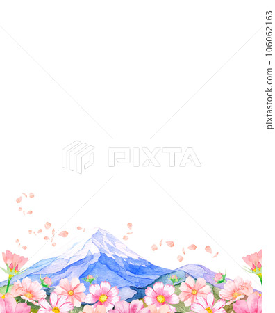 Frame illustration of cosmos field and beautiful Mt. Fuji painted by watercolor 106062163