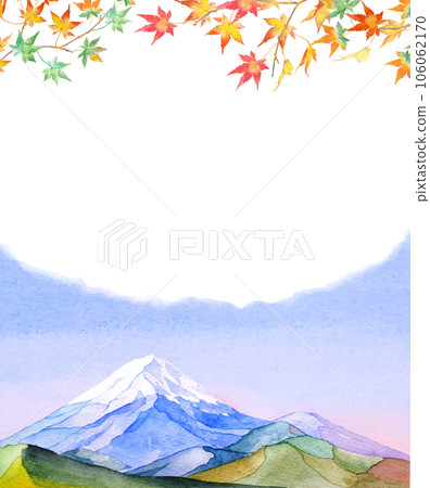 秋葉和水彩畫的美麗富士山的框架插圖 106062170