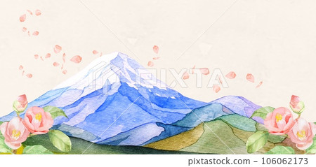 Background illustration of Mt. Fuji and camellia painted in watercolor 106062173