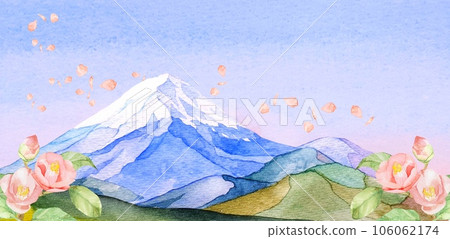 Background illustration of Mt. Fuji and camellia painted in watercolor 106062174