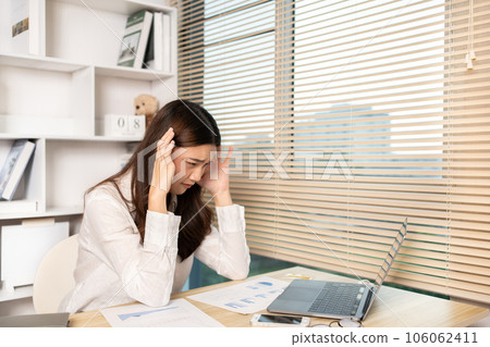 Young woman stressed or worried about doing a wrong job, Despair or disappointment, Sad feeling, Suffering, Desperate, Hopeless, Fail, disastrous, bankrupt, Scared, panicky, Failure of life. Young woman stressed or worried about doing a wrong job, Despair or disappointment, Sad feeling, Suffering, Desperate, Hopeless, Fail, disastrous, bankrupt, Scared, panicky, Failure of life. 106062411