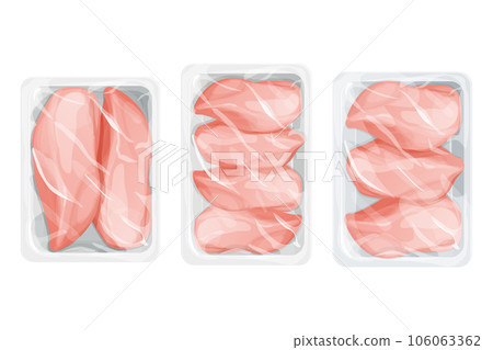 Set Chicken raw filet in plastic tray, package with poultry in cartoon style isolated on white background. Broiler meat covered  106063362