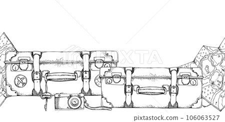Ink hand drawn vector sketch. Seamless banner. Vintage retro luggage, baggage suitcases with stickers, old camera, map. Design for tourism, travel, brochure, wedding, guide, print, card, tattoo. 106063527