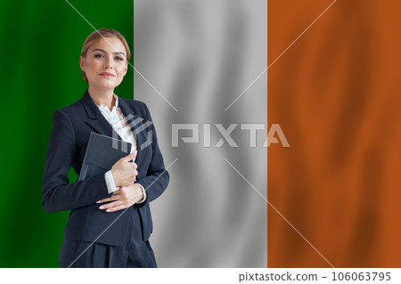 Irish businesswoman on the flag of Ireland digital  nomad, business, startup concept 106063795