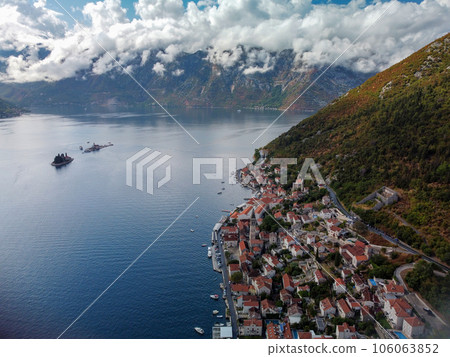 Aerial view of Our Lady of the Rocks or Gospa od Skrpjela and Catholic monastery Saint George in the bay of Kotor, in city of Perast, Adriatic sea, Montenegro. Tourism destination Aerial view of Our Lady of the Rocks or Gospa od Skrpjela and Catholic monastery Saint George in the bay of Kotor, in city of Perast, Adriatic sea, Montenegro. Tourism destination 106063852