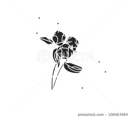 Hand drawn vector abstract stock flat graphic illustration with logo element of line flower art,black silhouette of peony,isolated on white background.Sacred magic boho feminine concept. Hand drawn vector abstract stock flat graphic illustration with logo element of line flower art,black silhouette of peony,isolated on white background.Sacred magic boho feminine concept. 106063964