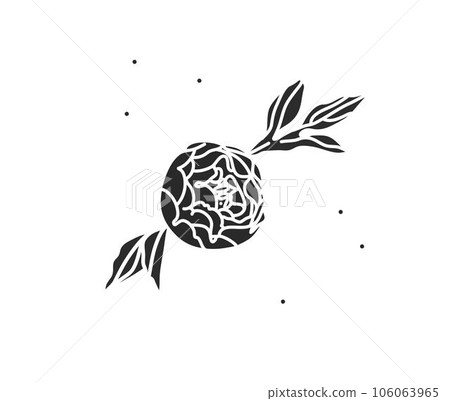 Hand drawn vector abstract stock flat graphic illustration with logo element of line flower art,black silhouette of peony,isolated on white background.Sacred magic boho feminine concept. Hand drawn vector abstract stock flat graphic illustration with logo element of line flower art,black silhouette of peony,isolated on white background.Sacred magic boho feminine concept. 106063965