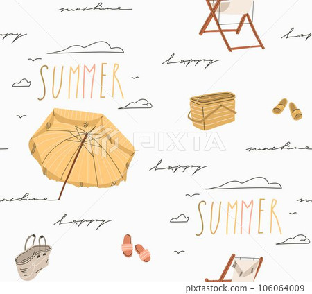 Hand drawn vector abstract stock graphic summer cartoon,creative modern minimalistic illustration seamless pattern with boho beach umbrella and handwritten lettering,isolated on white background. Hand drawn vector abstract stock graphic summer cartoon,creative modern minimalistic illustration seamless pattern with boho beach umbrella and handwritten lettering,isolated on white background. 106064009
