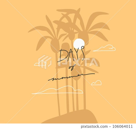 Hand drawn vector abstract stock graphic summer time cartoon,minimalistic illustrations scene,with beautiful tropical palm trees island silhouette with sunset isolated on yellow background. 106064011