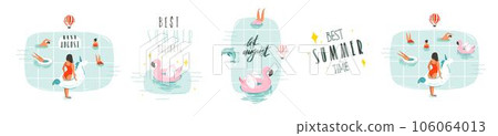Hand drawn vector abstract graphic summer time cartoon, contemporary illustrations prints collection set with beach surfers group characters,flamingo and unicorn floats.Summer vacation concept design. Hand drawn vector abstract graphic summer time cartoon, contemporary illustrations prints collection set with beach surfers group characters,flamingo and unicorn floats.Summer vacation concept design. 106064013
