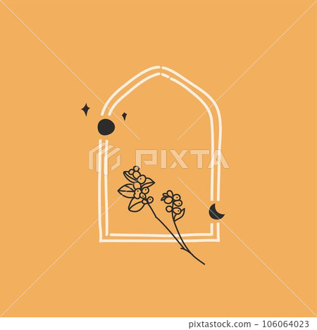Hand drawn vector abstract illustration with logo element,bohemian astrology magic minimalistic emblem of line arch portal with stars and leaves,simple style for branding.Moon and stars logo design. Hand drawn vector abstract illustration with logo element,bohemian astrology magic minimalistic emblem of line arch portal with stars and leaves,simple style for branding.Moon and stars logo design. 106064023